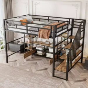 Full Size Metal Loft Bed with Staircase Storage Table and Shelves