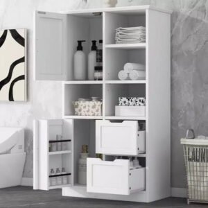White Freestanding Bathroom Storage Cabinet with Open Shelf & Multiple Compartments